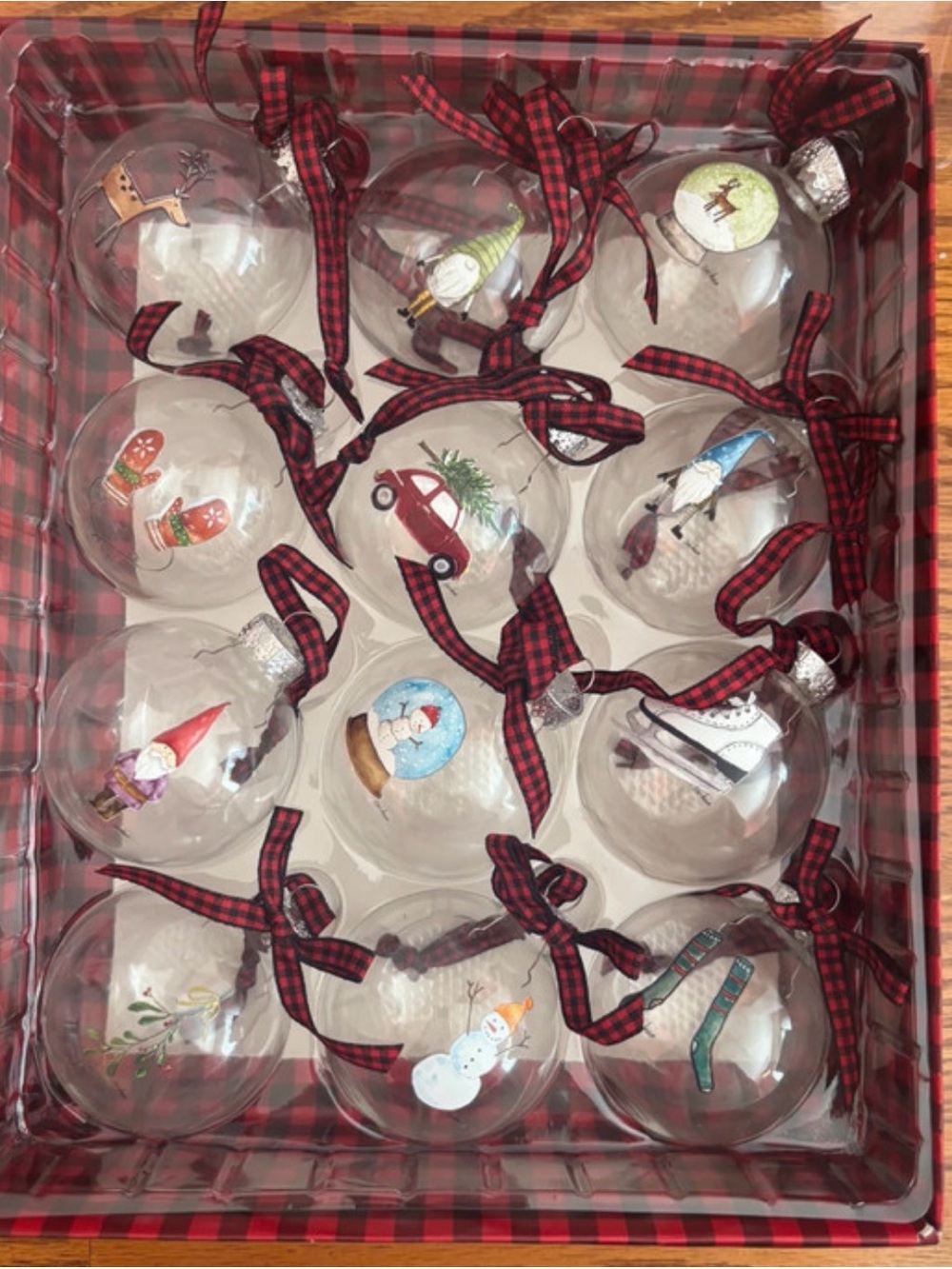 NWT Rae Dunn 12 ct Clear Glass Christmas Holiday Ornament Set w/Red Plaid Ribbon
